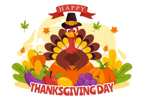 Happy Thanksgiving Day Vector Illustration with Turkey, Pumpkins, Leaves, and Various Other Elements in a Flat Style Cartoon Background