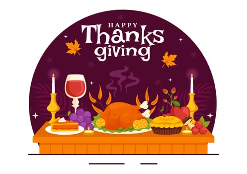 Happy Thanksgiving Day Vector Illustration with Turkey, Pumpkins, Leaves, and Various Other Elements in a Flat Style Cartoon Background