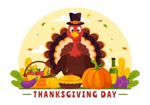 Happy Thanksgiving Day Vector Illustration with Turkey, Pumpkins, Leaves, and Various Other Elements in a Flat Style Cartoon Background