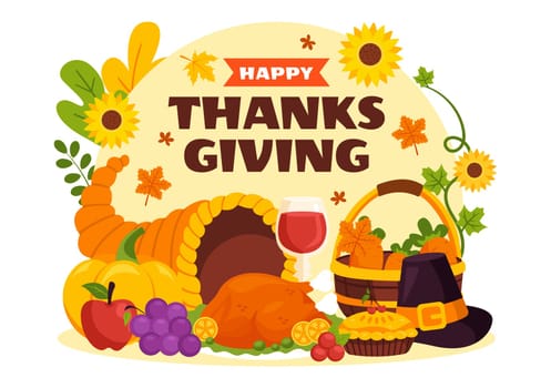 Happy Thanksgiving Day Vector Illustration with Turkey, Pumpkins, Leaves, and Various Other Elements in a Flat Style Cartoon Background