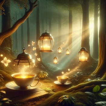 A magical forest with glowing lanterns hanging from trees, a stream flowing through the forest, and two cups of tea on a wooden table. High quality photo