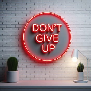 A red neon sign that says "Don't Give Up"" is mounted on a white brick wall. The sign is surrounded by a white desk with potted plants and a desk lamp. High quality photo"