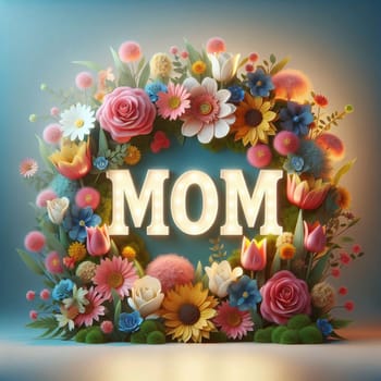 The word "MOM"" in illuminated letters is surrounded by a wreath of colorful flowers. The image is perfect for Mother's Day. High quality photo"
