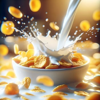 A bowl of cereal with milk is being poured, creating a splash of milk and a shower of cereal. High quality photo