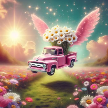 A pink pickup truck is flying through a field of colorful flowers. The truck has pink wings and is carrying a bouquet of daisies. High quality photo