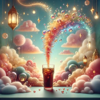 A glass of cola is sitting on a table in a dreamy, cloud-filled sky. Bubbles are rising from the glass and creating a rainbow. High quality photo
