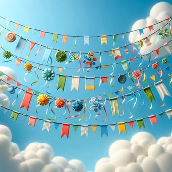 A string of colorful party flags and decorations is hung against a blue sky with white clouds. High quality photo
