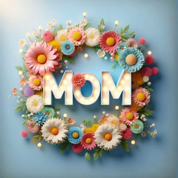 A floral wreath with a sign that says "MOM"" in illuminated letters. The wreath is made of colorful flowers and the scene is warm and inviting. High quality photo"