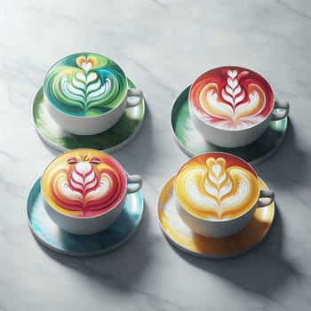 Four cups of coffee with colorful latte art are arranged on a marble surface. High quality photo