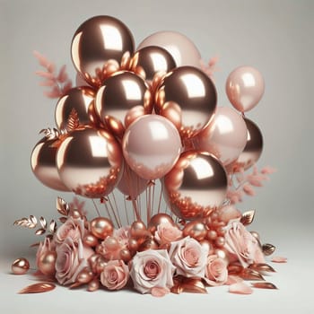 A cluster of rose-gold balloons with a few pink ones is surrounded by rose petals, leaves, and gold-painted eggs. The scene is elegant and festive. High quality photo