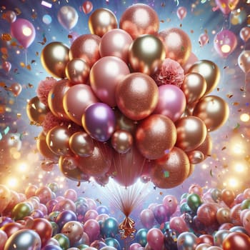 A large bunch of colorful balloons is floating in the air, with confetti falling around them. The image is festive and celebratory. High quality photo