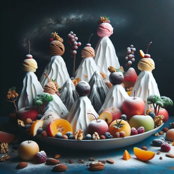 A plate of meringue mountains topped with various desserts, fruits, and nuts. The image has a whimsical and surreal feel. High quality photo