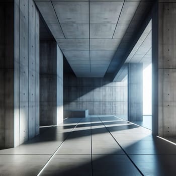 A minimalist, modern interior with concrete walls and a single, bright light source shining through a window. High quality photo
