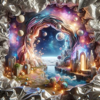 A mystical portal made of flowing fabric leads to a fantastical landscape with a river, waterfalls, and a glowing archway. The scene is set against the stars and planets. High quality photo
