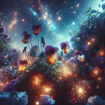 A field of pansies is glowing with magical light, with a night sky filled with stars and constellations above. High quality photo