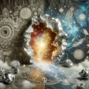 A torn piece of aluminum foil reveals a glowing galaxy scene, set against a backdrop of hand-drawn floral designs. The image has a mystical and otherworldly feel. High quality photo