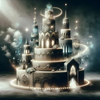 A magnificent castle made of cake is surrounded by clouds and sparkling lights. The image is whimsical and magical. High quality photo