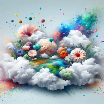 A cloud with a burst of color and flowers is floating in the air, surrounded by confetti. High quality photo