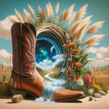 A cowboy boot with a waterfall flowing out of it, surrounded by plants and a portal to a starry sky. High quality photo