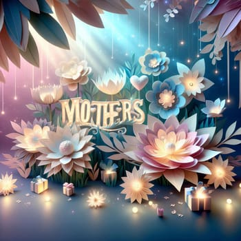 The word "MOTHERS"" in illuminated letters is surrounded by paper flowers and gifts. The image is perfect for Mother's Day. High quality photo"