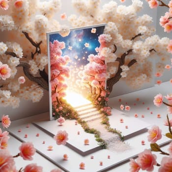 A picture frame with a glowing doorway leading to a path through a magical forest. The frame is surrounded by cherry blossom branches and petals. High quality photo