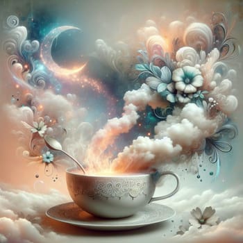 A teacup is filled with steaming tea, with clouds and flowers swirling around it. The image is magical and dreamlike. High quality photo