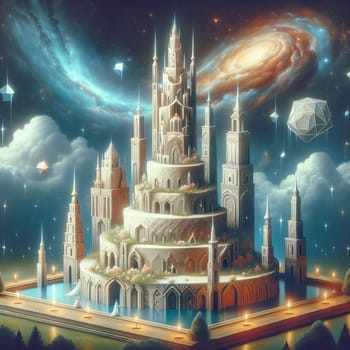 A white castle with intricate details is set against a night sky with a galaxy of stars. High quality photo