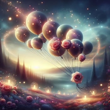 A bunch of balloons with pink roses attached to them are floating in the air above a field of roses and a glowing forest at sunset. High quality photo