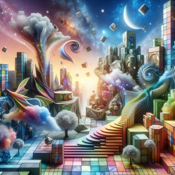 A fantastical cityscape with a winding staircase leading up to a castle, set against a backdrop of clouds, stars, and abstract shapes. High quality photo