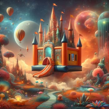 A colorful and fantastical scene with a bouncy castle floating in the air, surrounded by clouds and hot air balloons. High quality photo