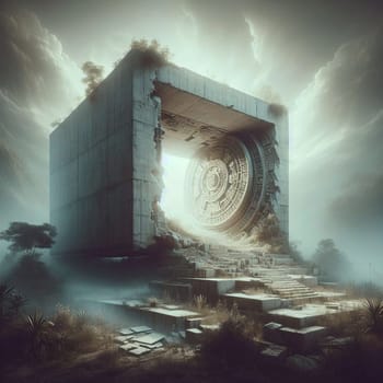 An ancient, stone structure with a circular door, surrounded by a mystical fog and a landscape of trees. High quality photo