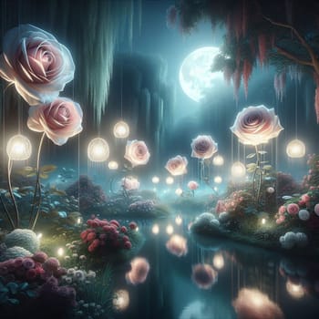 A magical forest with large pink roses hanging from branches, a stream flowing through the forest, and glowing lights. The scene is set at night with a full moon. High quality photo