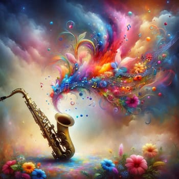 A golden saxophone is playing music that flows into a colorful explosion of flowers, notes, and butterflies. The scene is vibrant and imaginative. High quality photo