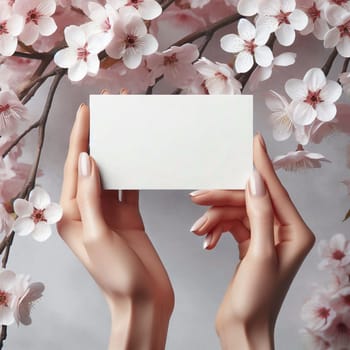 A pair of hands are holding a blank white card, with a branch of cherry blossoms in the background. High quality photo