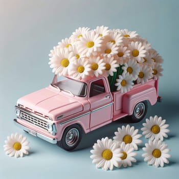 A pink pickup truck is filled with white daisies. The truck is sitting on a blue background with scattered daisies. The scene is charming and cheerful. High quality photo