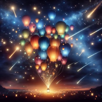 A field of glowing lanterns is floating in the air, with a starry sky and shooting stars in the background. High quality photo