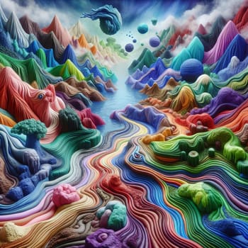 A landscape of colorful, textured mountains and a winding river. The sky is filled with swirling clouds and floating orbs. High quality photo