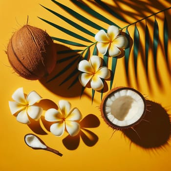 A coconut, a coconut shell, coconut milk, and white plumeria flowers are arranged on a yellow background. High quality photo