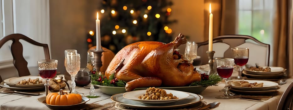 Thanksgiving dinner table with roasted turkey centerpiece, surrounded by traditional holiday foods and elegant autumn-themed decor