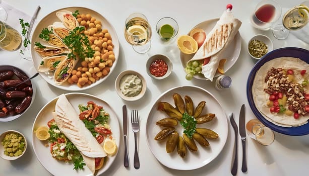 Dining table flat lay with shawarma, falafel, hummus, and dates, beautifully arranged to showcase Middle Eastern culinary traditions