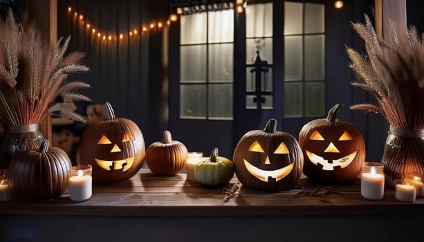 Cozy autumn evening with a group of carved pumpkins glowing warmly, creating a festive and inviting atmosphere