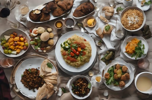Top view of a dining table featuring shawarma, falafel, hummus, and dates, artfully arranged to highlight the richness of Middle Eastern cuisine