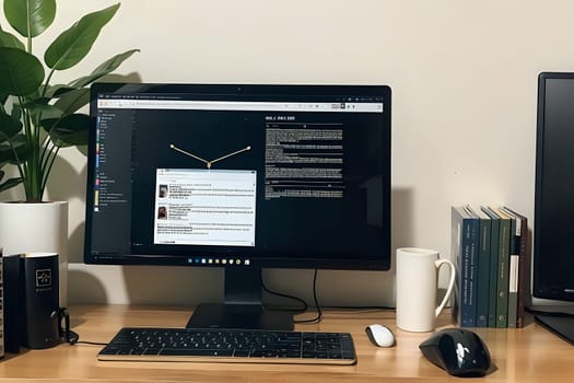 Modern desk with multiple PC monitors displaying data visualizations, design software, coding interfaces, and video editing tools, featuring a keyboard, mouse, coffee mug, and notepads in a minimalist office setting