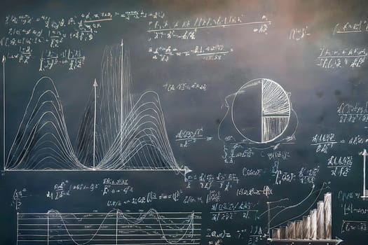Intricate finance equations and formulas in chalk on a large blackboard within an educational setting, featuring interest rates, returns, and ratios