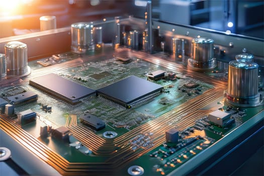 Detailed image of surface mounting technology (SMT) components like microchips, resistors, and capacitors on a printed circuit board (PCB) in a high-tech manufacturing environment