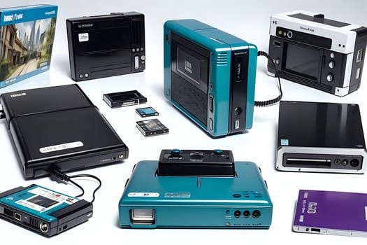 Nostalgic collage of 90's technology featuring chunky mobile phones, dial-up modems, floppy disks, VHS tapes, and early gaming consoles in teal, purple, and gray tones evoking a retro style