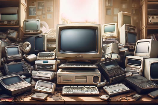 A collection of retro gadgets including vintage radios, old televisions, rotary phones, and early digital watches arranged on a wooden table with a warm light illuminating their classic design