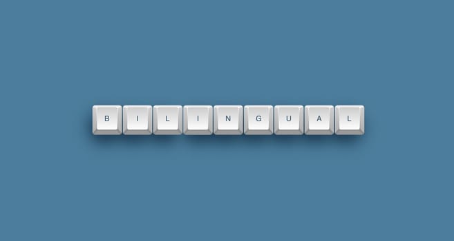 Bilingual text on a 3d keyboard button with shadow, 3d illustration