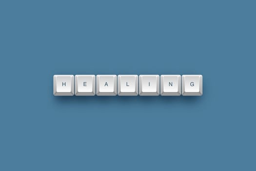 Healing text on a 3d keyboard button with shadow, 3d illustration