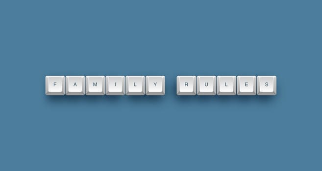 Family Rules text on a 3d keyboard button with shadow, 3d illustration